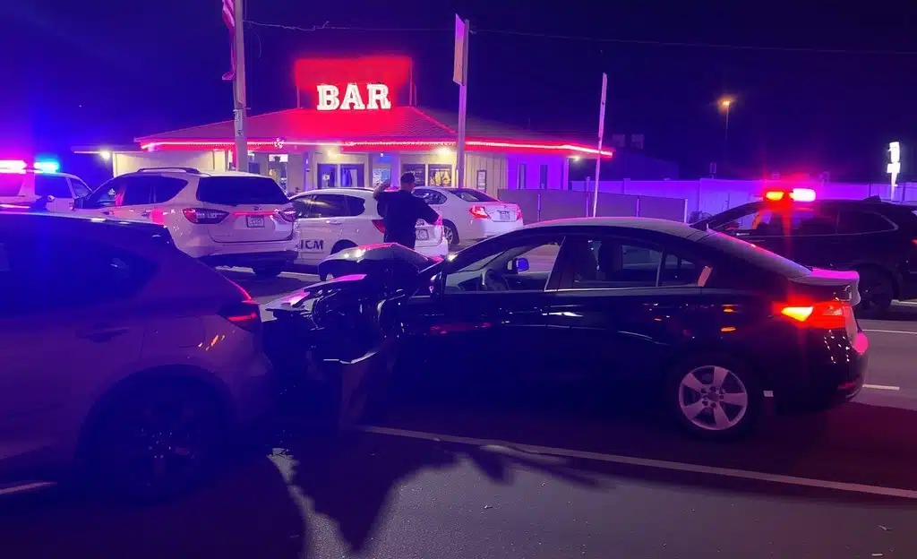 A nighttime car accident scene involving two vehicles, one clearly damaged, with police lights flashing in the background.