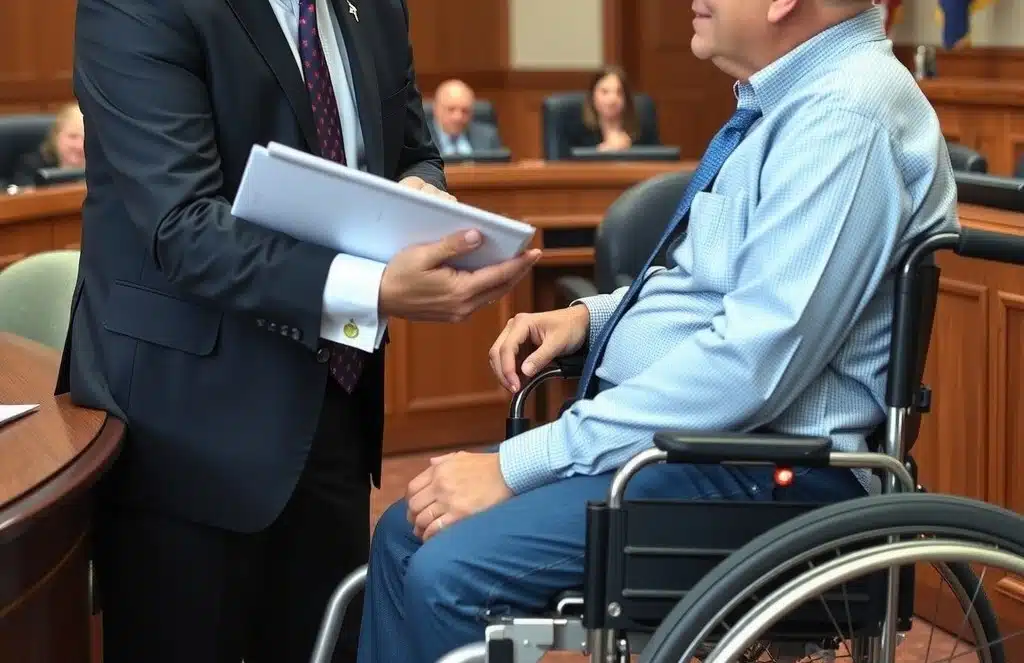 courtroom scene in Texas featuring a compassionate personal injury lawyer consulting with a client in a wheelchair