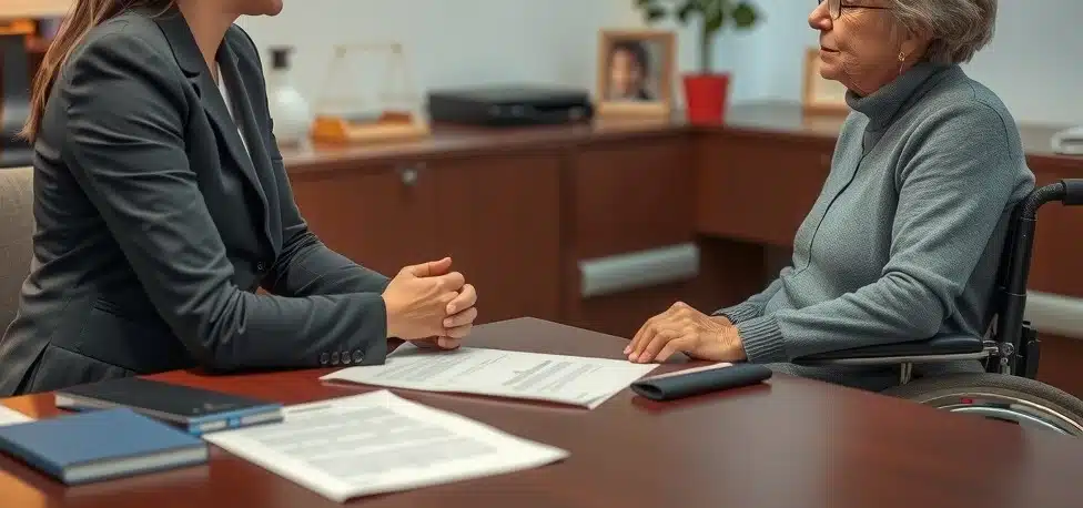 Law office setting showing a compassionate lawyer talking to a client in a wheelchair.
