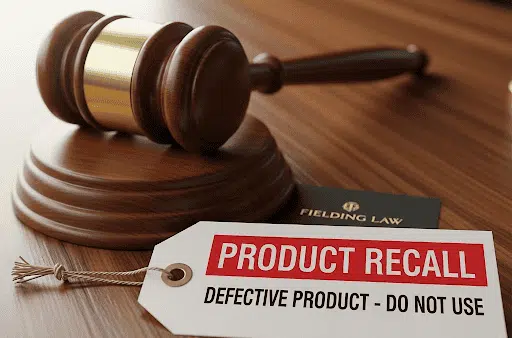 a gavel resting beside a recalled product tag, symbolizing accountability for defective products and Fielding Law’s commitment to protecting injured victims.