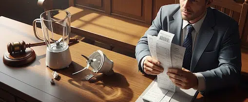 A courtroom scene, a broken consumer product on a table, and a customer holding medical bills.
