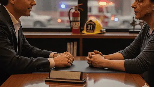 a personal injury lawyer consulting with a burn victim in a supportive setting, with subtle background visuals of fire damage and safety equipment