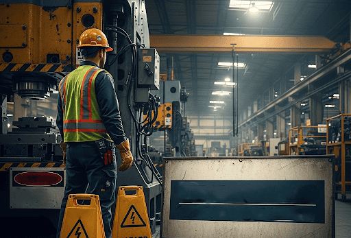 A worker in safety gear standing near industrial machinery, with caution signs and a factory backdrop, symbolizing the dangers of industrial environments