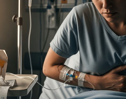 A distressed person sitting on a hospital bed with an IV drip, holding their stomach in pain.