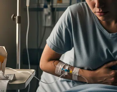 A distressed person sitting on a hospital bed with an IV drip, holding their stomach in pain.