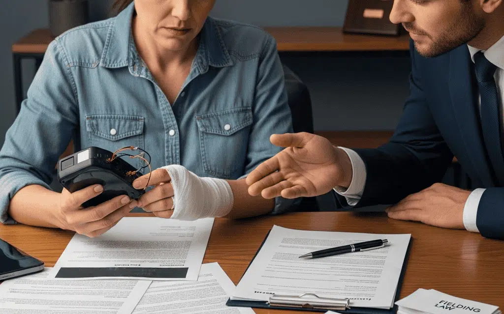 A concerned consumer holding a defective product with visible injury on their hand, surrounded by product recall notices, legal documents, and a lawyer offering guidance