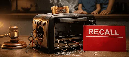 A broken household product on a table, with a worried family in the background and a gavel symbolizing legal action and consumer rights.