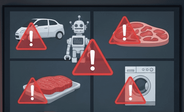 Product recall alerts flash on the screen.