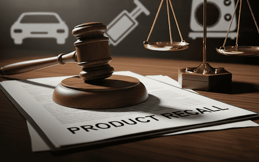 A courtroom with a judge’s gavel, legal documents labeled “Product Recall,” and symbolic scales of justice
