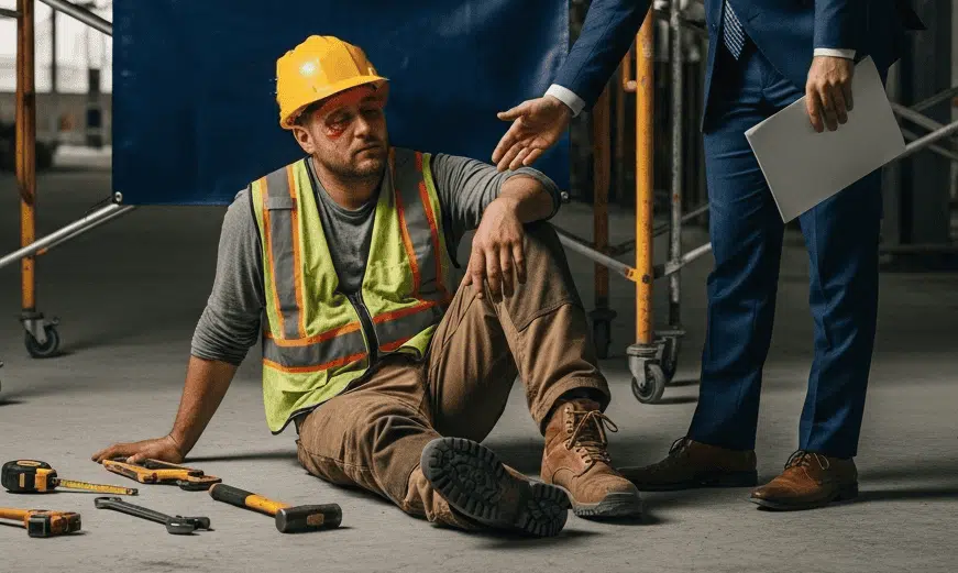 A construction worker wearing a hard hat sits injured on a worksite floor with tools and scaffolding around him, while an attorney stands nearby offering guidance and support—symbolizing Fielding Law’s commitment to protecting workers after accidents.