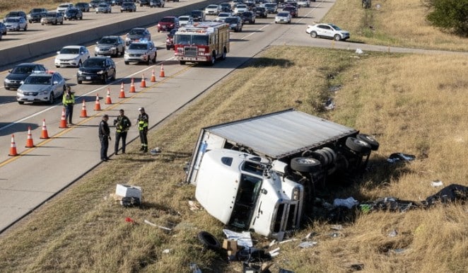 an 18-wheeler rollover on a Texas highway. The truck lies on its side off the road, debris scattered, emergency responders and police securing the area, traffic slowed in the background.
