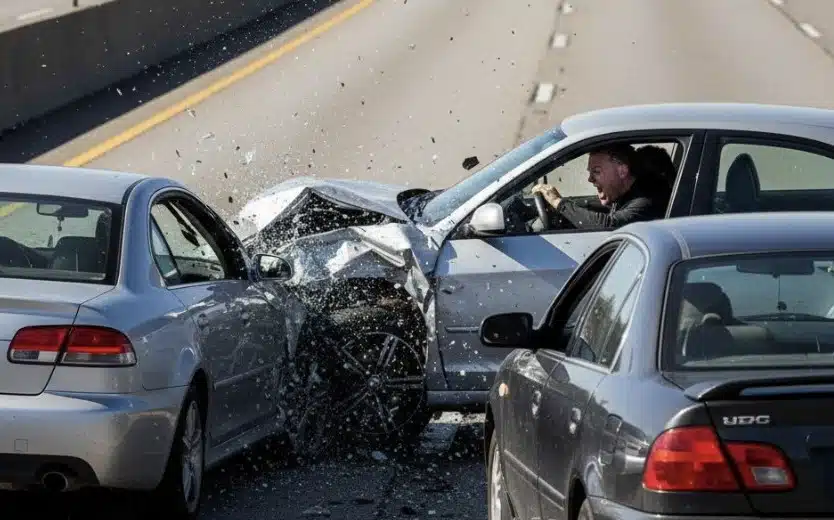 A chaotic scene on a multi-lane highway at midday, where a red SUV has aggressively cut off a silver car, resulting in a sideswipe and both vehicles spinning out of control. The image features a sense of motion and visible damage, capturing the direct cause-and-effect of aggressive driving.