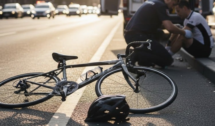A bicycle accident scene: an overturned bicycle, a helmet on the ground, a cyclist being assisted by a paramedic, an ambulance parked nearby, and traffic slowed in the background.
