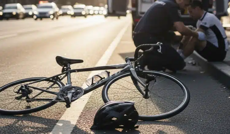 A bicycle accident scene: an overturned bicycle, a helmet on the ground, a cyclist being assisted by a paramedic, an ambulance parked nearby, and traffic slowed in the background.