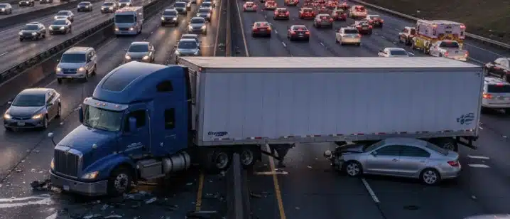 Realistic highway scene showing a big rig truck accident. A large semi-truck is jackknifed across multiple lanes, with a damaged passenger car nearby.
