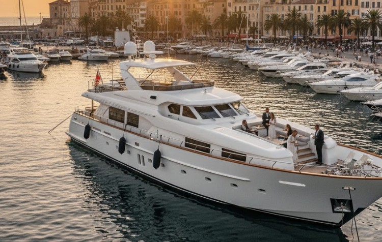 A wide shot of a bustling, sunny commercial port with several large cargo ships docked and numerous smaller fishing vessels or pleasure boats tied up at the marina in the foreground.