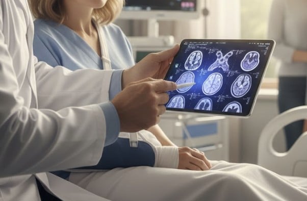 Hospital scene with a patient sitting on a bed while a neurologist points to a brain scan on a tablet.