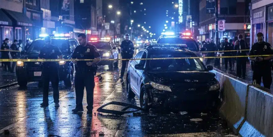 Multiple police cars with bright blue and red lights flashing surround the scene, with officers securing the area, emphasizing the disorder and official presence following the collision.