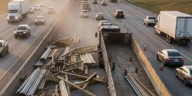 a large flatbed truck has spilled unsecured cargo (lumber/metal pipes) onto the roadway, with debris scattered across multiple lanes.