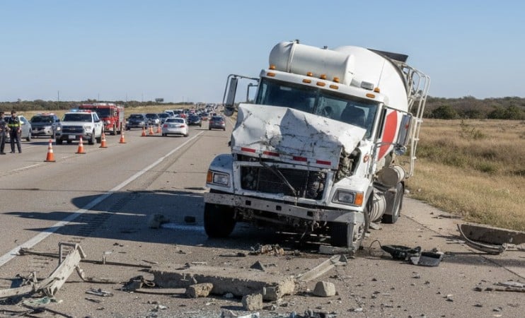 a cement truck accident on a Texas highway in daylight. A large cement mixer truck is tipped slightly on its side with visible front-end damage, debris scattered on the road, and traffic slowed in the background.