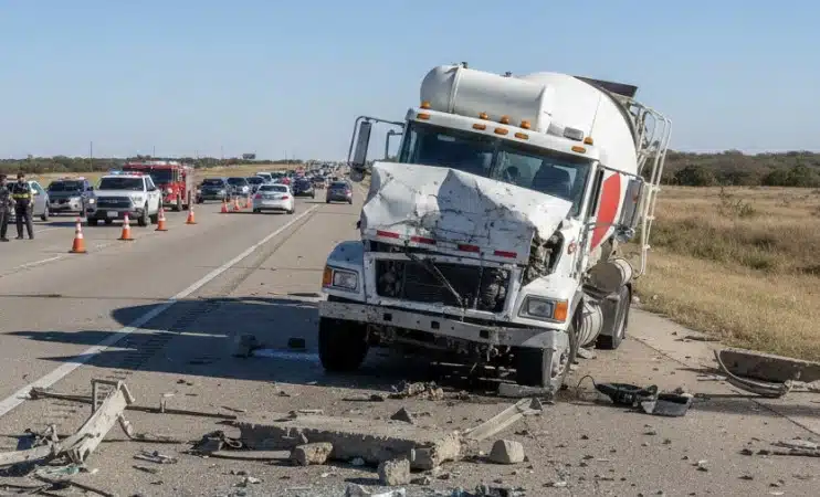a cement truck accident on a Texas highway in daylight. A large cement mixer truck is tipped slightly on its side with visible front-end damage, debris scattered on the road, and traffic slowed in the background.