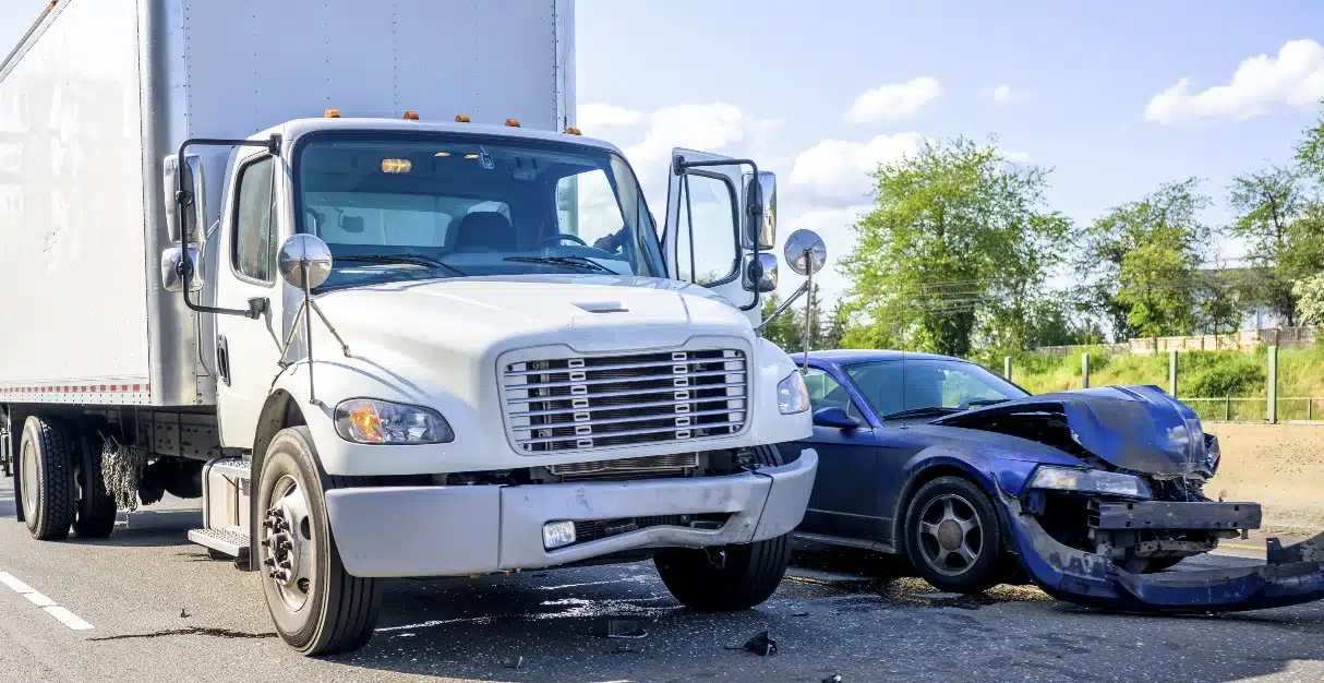 A large white commercial van is seen with heavy front-end damage after colliding with a smaller vehicle.