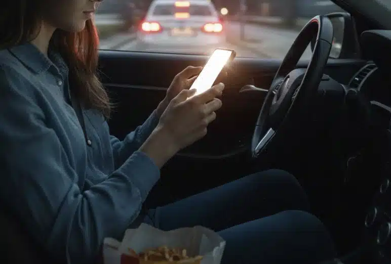 A side-view from inside a car shows a young woman driver looking intently at her smartphone, held in both hands, while driving.