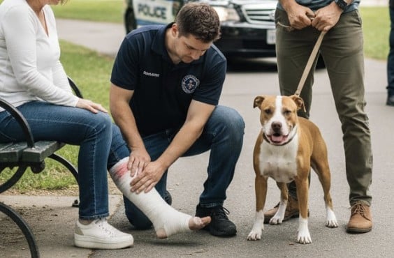 A scene in a park where paramedics assist a dog bite victim sitting on a bench, the victim has a wrapped leg.