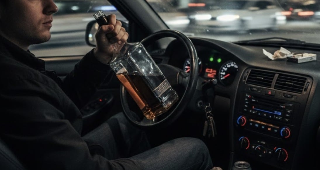 A close-up shot of a driver's hand resting on the steering wheel while holding a partially consumed bottle of alcohol, conveying the risk of impaired driving.