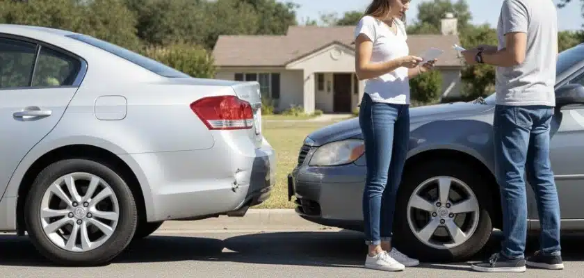 A minor fender-bender accident. Two drivers, a man and a woman, stand between their vehicles exchanging insurance information, indicating a low-stress resolution.