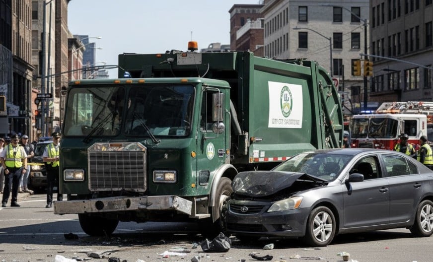 a garbage truck accident at a city intersection. A large green garbage truck is stopped at an angle with visible front-end damage. A smaller passenger car is nearby with crumpled hood.