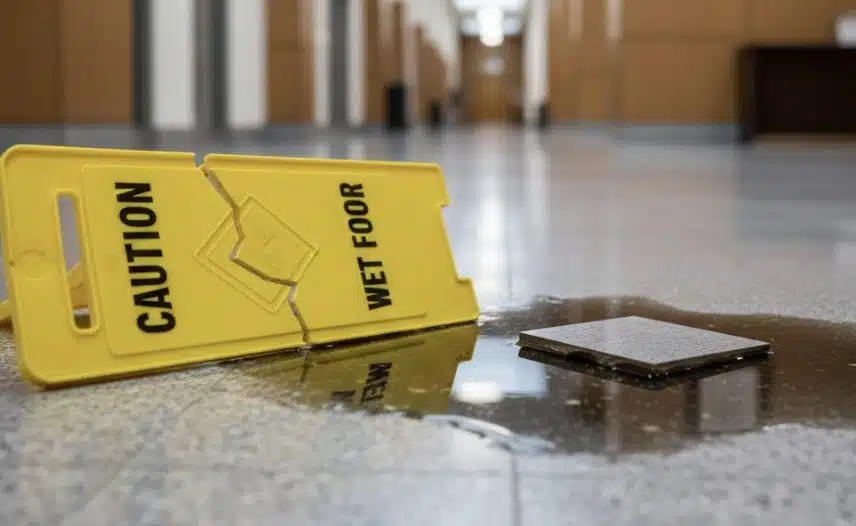 A premises liability scene: a cracked ‘Wet Floor’ sign lying ignored next to a hazard, blurred background of a public building corridor