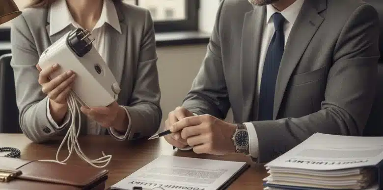 a consumer holding a visibly defective household product while speaking with a professional attorney across a desk.