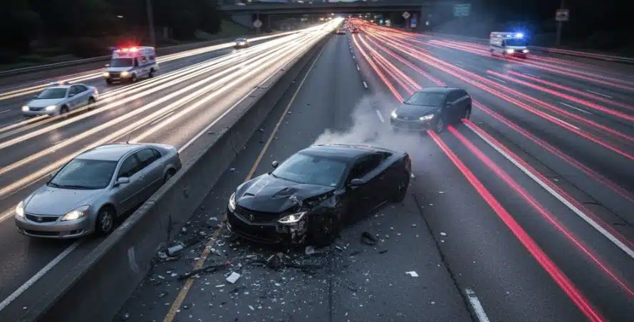 One vehicle is visibly smoking and severely damaged, positioned diagonally across the lanes. Police and emergency lights flash intensely in the distance, emphasizing the severe consequences of a reckless driving accident.