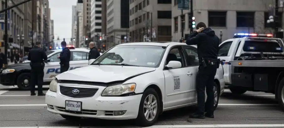 A damaged white rental car is stopped in a busy city intersection. Police officers stand nearby and a tow truck is positioned behind the car.