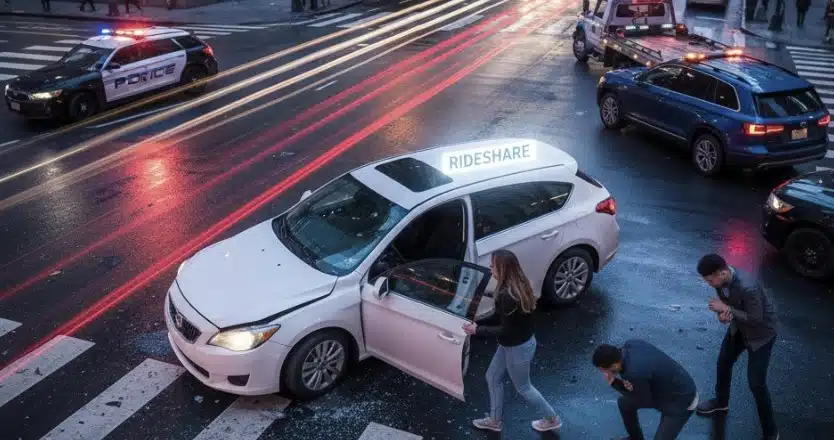 a rideshare accident scene on a wet city street at night, showing a damaged white car