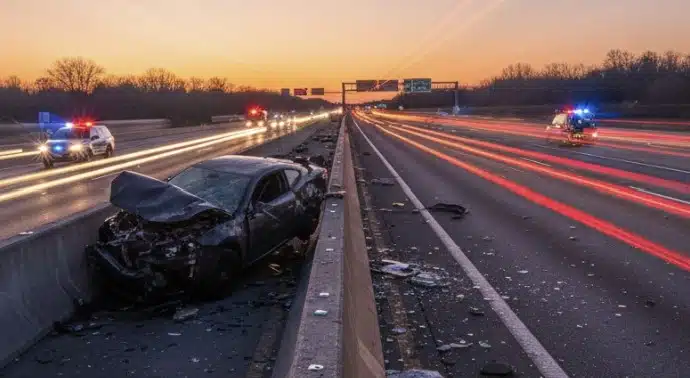 A dramatic, high-speed crash scene on a major highway, where a severely damaged black sedan is overturned on the shoulder.