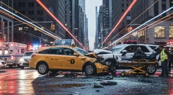 A dramatic wide shot of a multi-vehicle accident at a busy city intersection at dusk, featuring a yellow taxi with significant front-end damage and an ambulance with flashing lights, emphasizing the chaos and urgency of the scene with streaking car lights and towering buildings in the background.