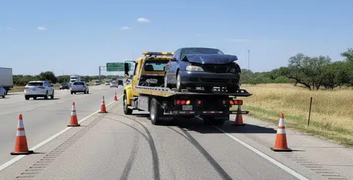 A scene of a tow truck accident on a Texas highway: a large flatbed tow truck pulled over on the shoulder with a damaged sedan partially loaded, visible skid marks, traffic cones, and emergency lights flashing.