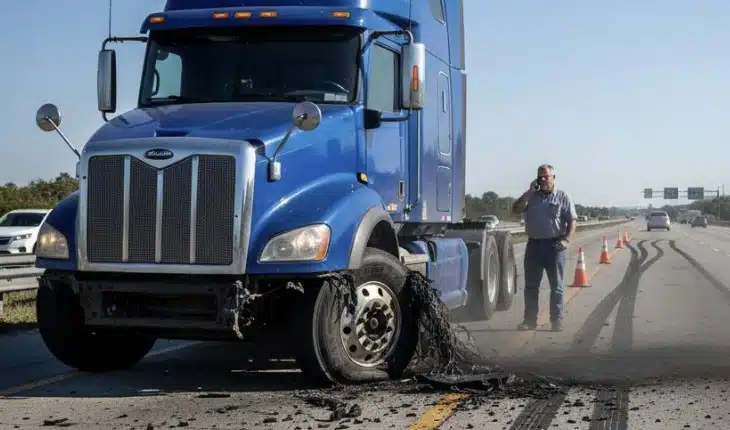 A highway scene showing a commercial semi-truck that has suffered a front tire blowout.