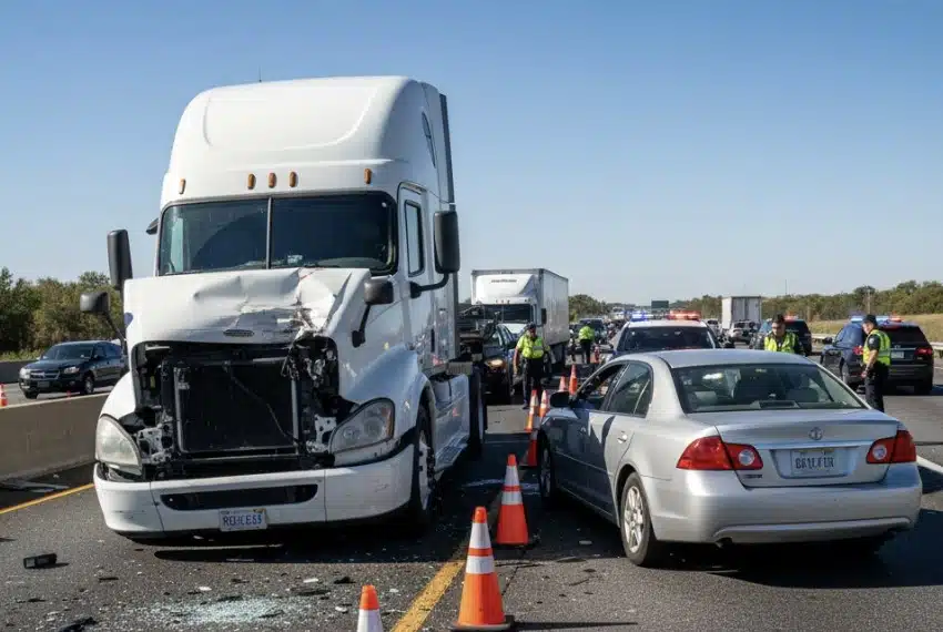 a semi-truck accident: a large 18-wheeler pulled over at an angle with visible front-end damage