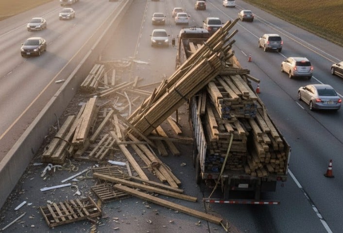 an overloaded semi-truck: The truck’s trailer is visibly overfilled and unstable, with cargo spilled across the roadway.