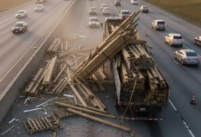 an overloaded semi-truck: The truck’s trailer is visibly overfilled and unstable, with cargo spilled across the roadway.