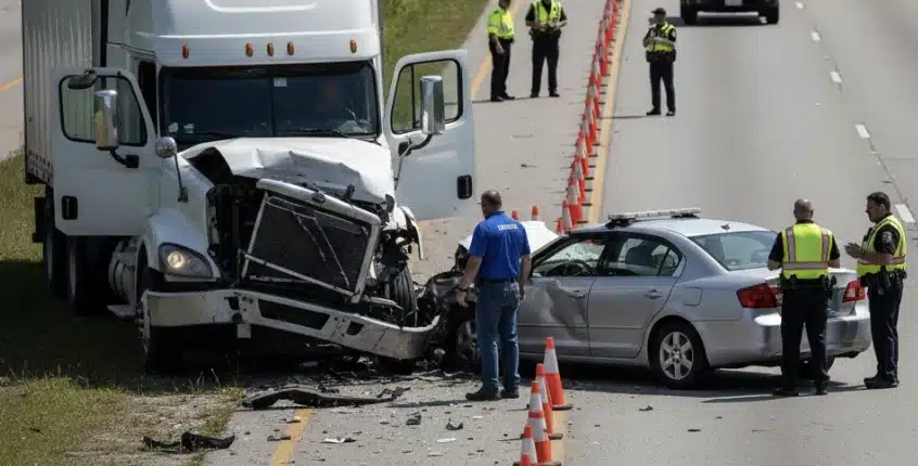 A large semi-truck and a passenger car at the scene of a daytime collision, with police lights, traffic cones, and emergency responders in the background