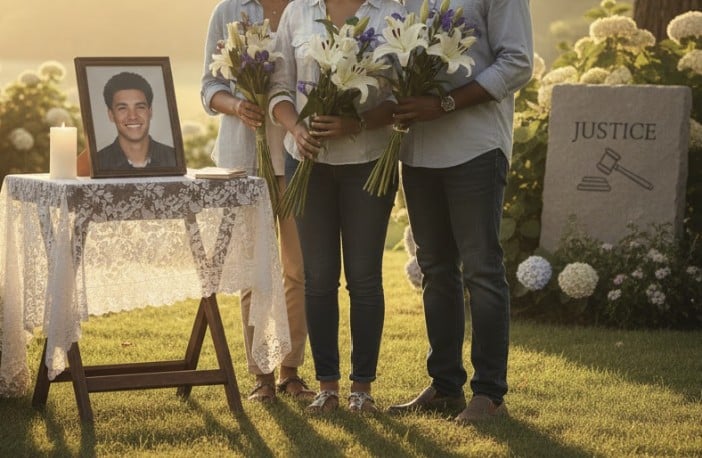 A peaceful memorial scene outdoors: a family holding flowers near a framed photo on a small table, soft warm light, gentle sense of remembrance and justice.