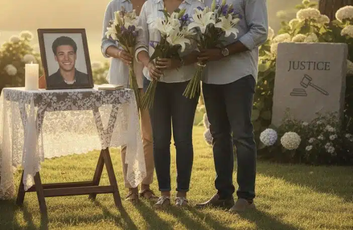 A peaceful memorial scene outdoors: a family holding flowers near a framed photo on a small table, soft warm light, gentle sense of remembrance and justice.