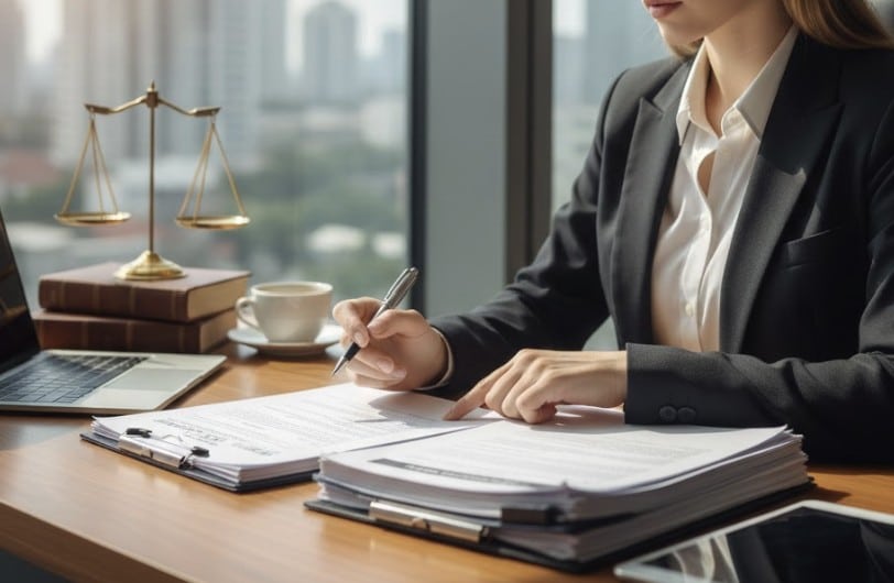 A professional personal injury attorney reviewing medical bills and settlement documents at a modern law office