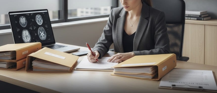 A professional personal injury lawyer reviewing medical records and accident reports at a modern law office