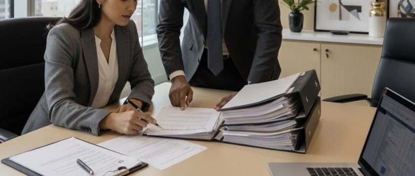 A professional attorney reviewing legal documents in a modern law office.