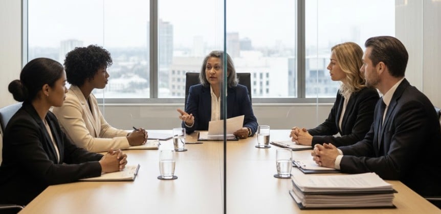 A professional legal mediation setting with a neutral mediator speaking to separated parties in modern conference rooms